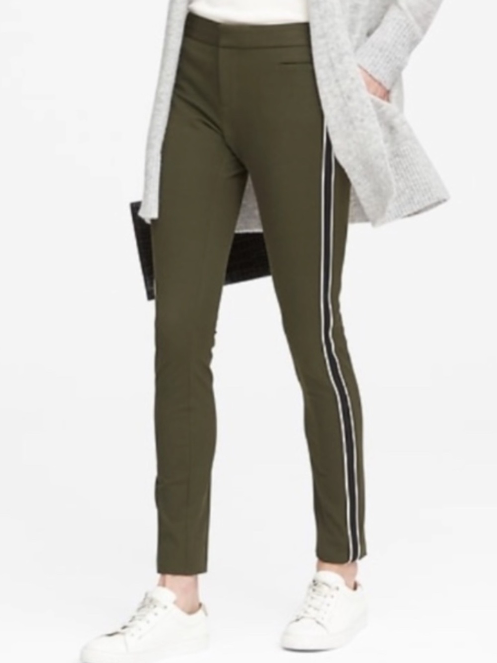 Banana Republic Sloan Tuxedo Stripe Olive Green Skinny Crop Pants Women's Size 0